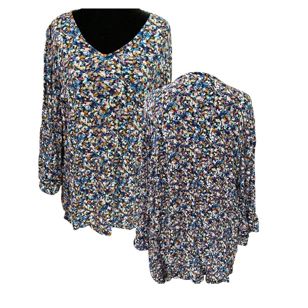 J Jill Blouse Shirred Navy Floral Print Elliptical Hem Embroidered Boho‎ Top LP